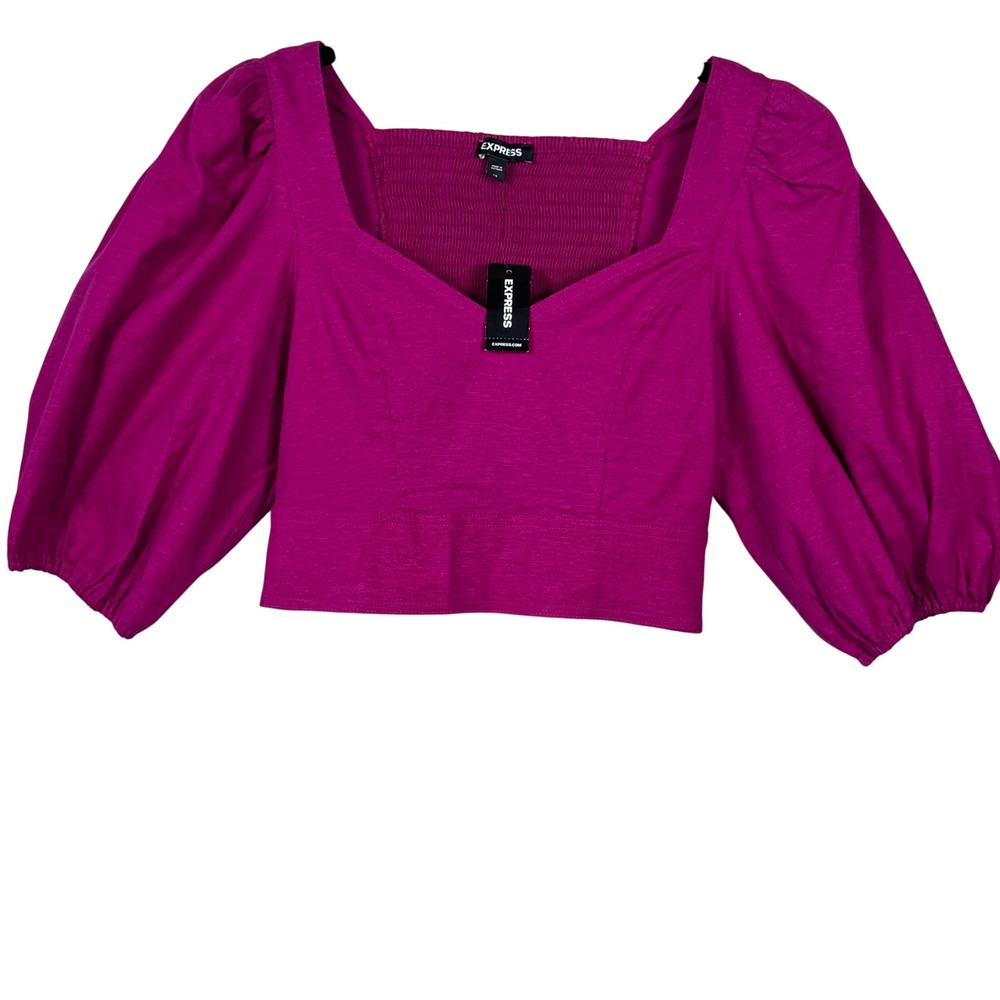 NWT Express Linen Blend Puff Sleeve Crop Top Pink Smocked Back Women's XS